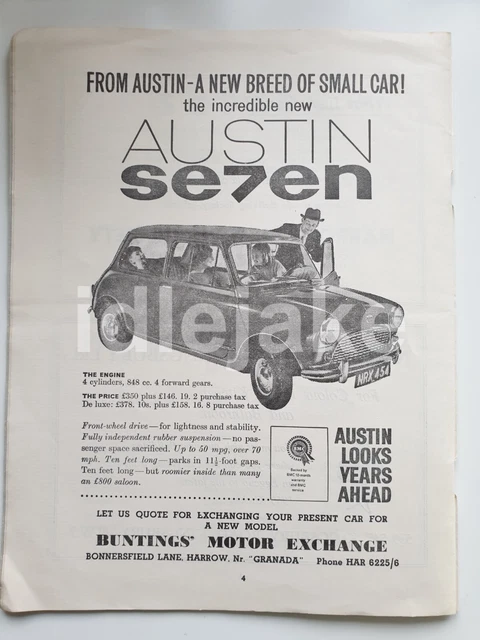Mini Austin Seven Car 1960 Full Page b/w Advert in Theatre Programme