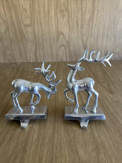 Set Of 2 Vallabh Metal Inc Silver Reindeer Christmas Stocking Holders Hanger