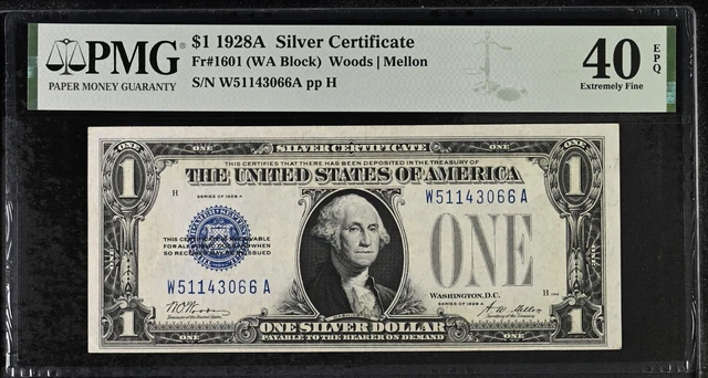 FR 1601 1928-A $1 FUNNYBACK SILVER CERTIFICATE “WA BLOCK” PMG 40EPQ Woods Mellon