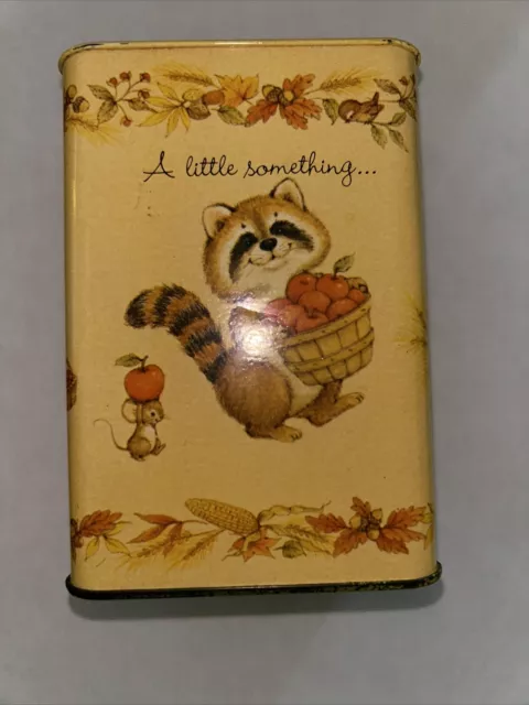 VINTAGE SMALL TIN LITHO Fall Racoon Mouse Harvest Hall Mark Coin Bank W/ Stopper