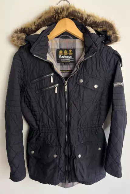 Barbour International Parka Jacket Womens UK 10 Navy Blue Coat Reflector Quilted