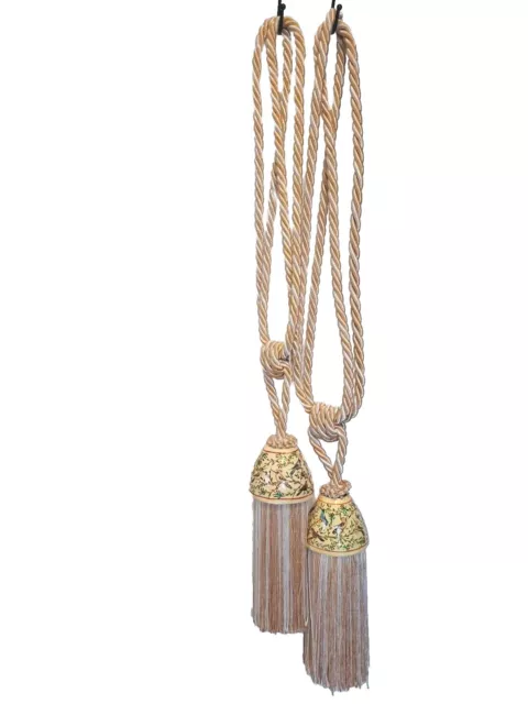Curtain Drapery Tie-Backs Corded Rope Tassel Gold Handpainted Birds Vintage Pair