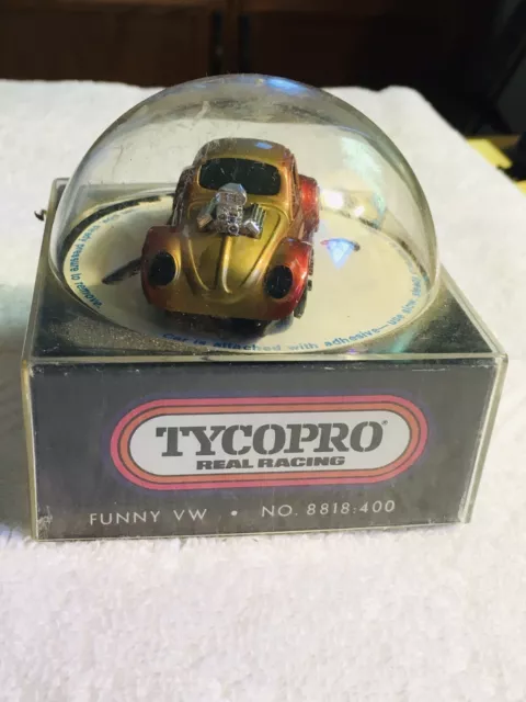 Tyco Pro, Funny VW Beetle HO Slot Car, Gold, Orange, Red, Grt., Cond. Original.
