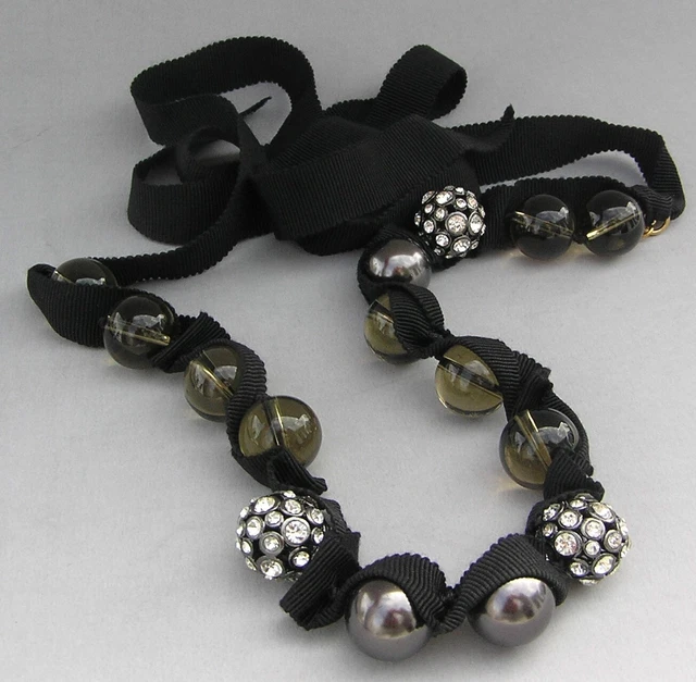 J Crew Glass Bead & Crystal Ball Necklace Ribbon 48"