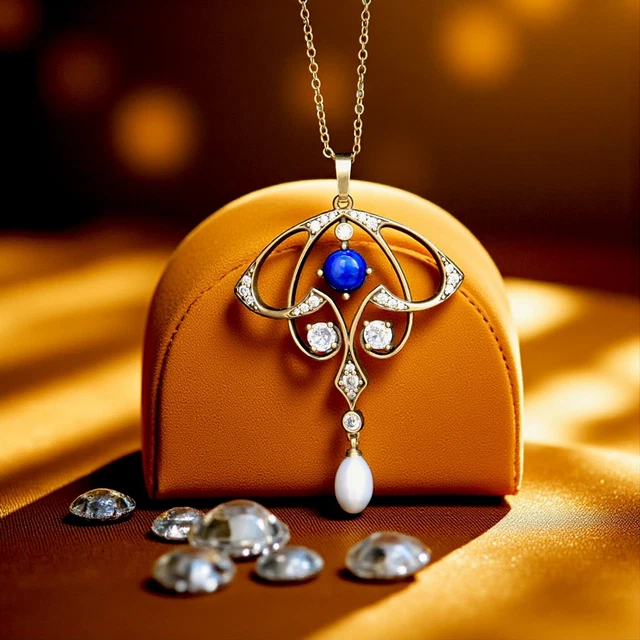 Collier Pendentif Doré Vieilli Avec Agate Mousse Et Perle De Lune Véritable - Style Bohème, Neuf Sans Emballage