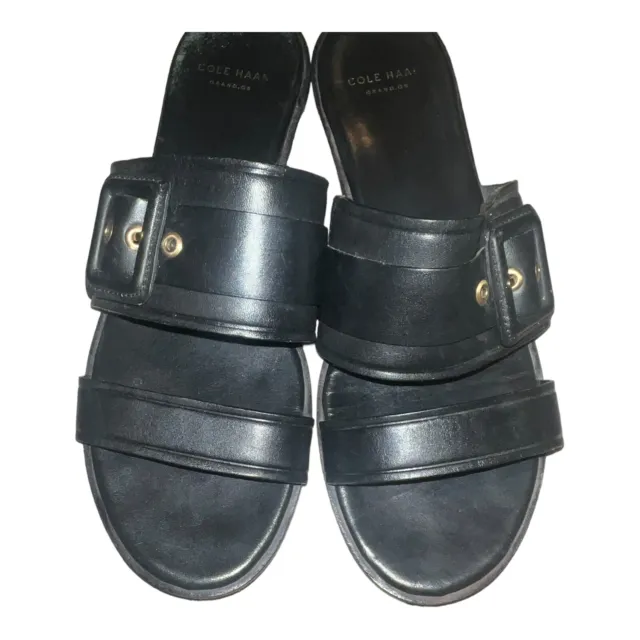COLE HAAN AMAVIA Grand.os Black Leather Flat Slide Sandals Womens 6.5 ...