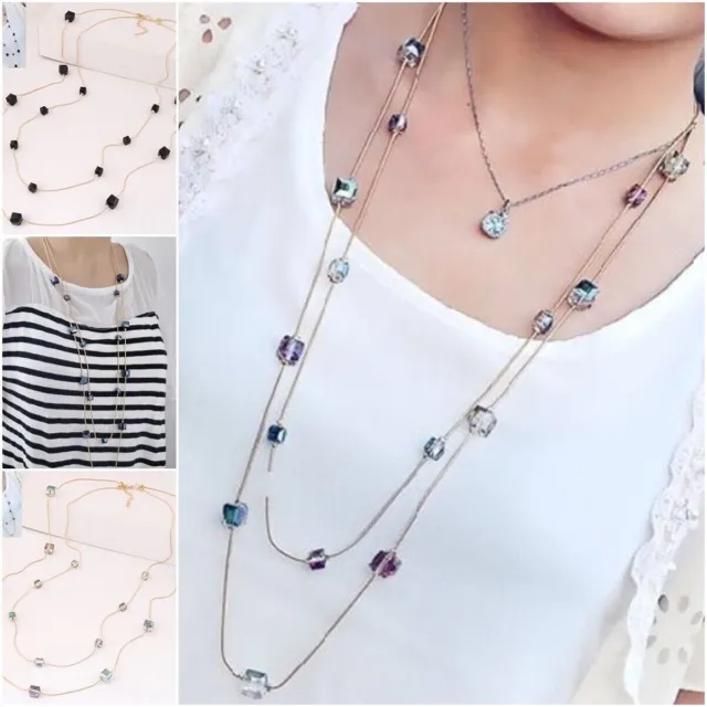crystal multi strands layered long pendant sweater sparkle necklace
