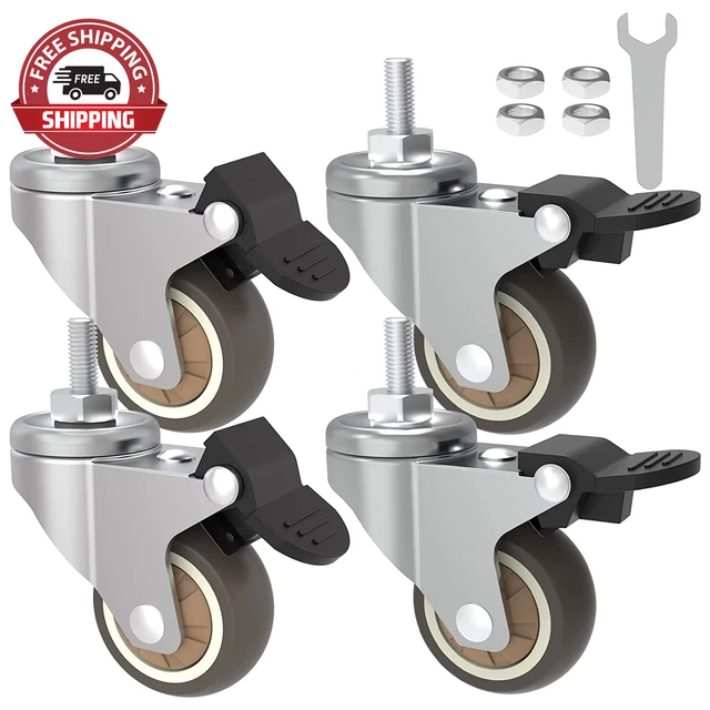 OK5STAR 1.5" Mini Caster Wheels with Brakes, 1/4"-20X1" Threaded Stem Low Profil