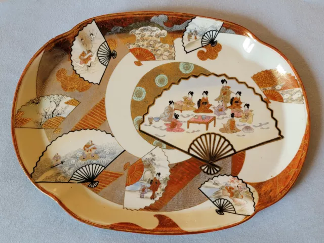 Antique Hand Painted JAPANESE PORCELAIN Kutani Imari VANITY TRAY Fans GOLD