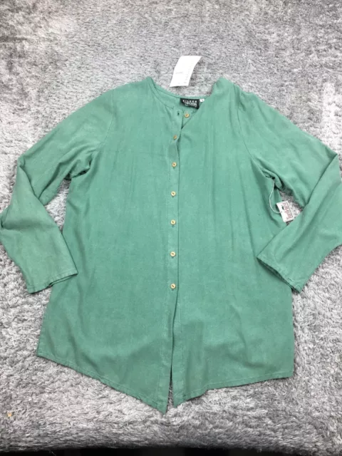 Vintage Eileen Fisher Raw Silk Button Up Top Womens Size 2 Green Shirt Cardigan