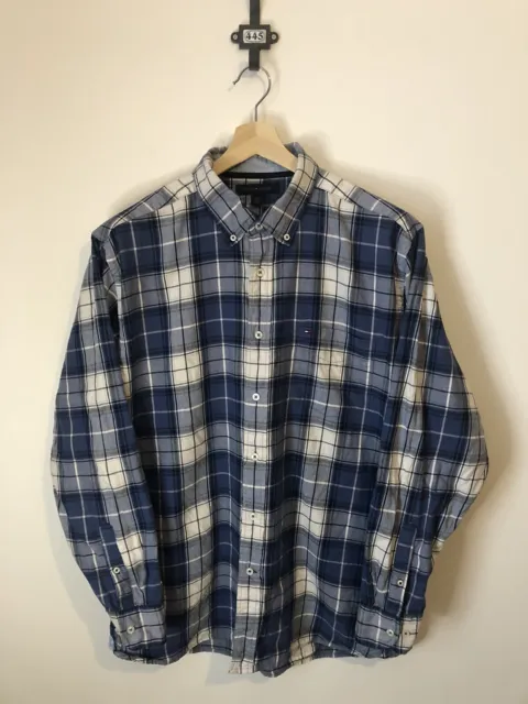 Tommy Hilfiger Blue White Red Plaid Flannel Shirt, Size L, Long Sleeves Logo