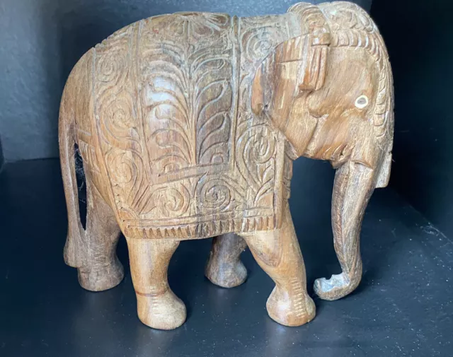 Vintage Hand Carved Wooden Elephant Statue Figurine. Made In Asia