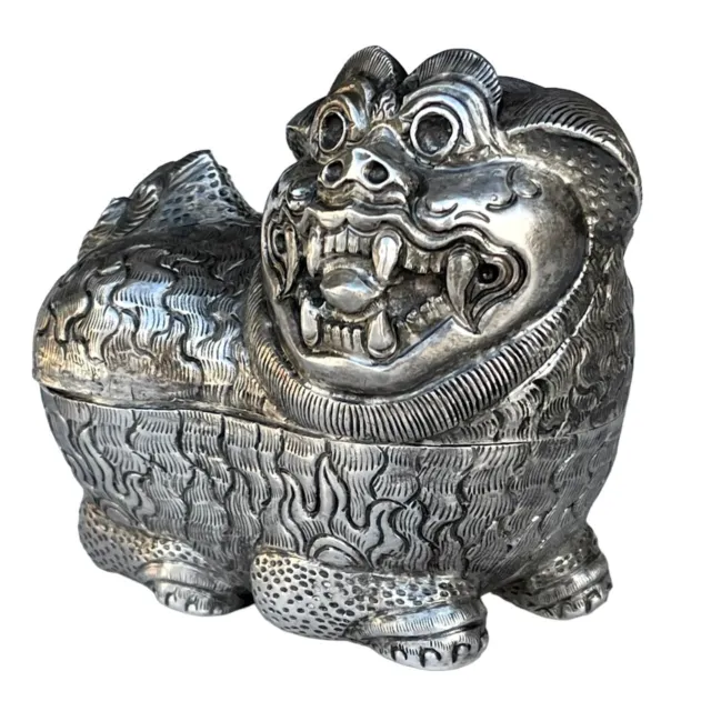 Chinese Silver Foo Dog Foo Lion  19th Century Patel Box  Marked & Signed