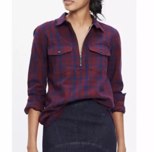 Madewell Flannel Zip-Front Popover Shirt in Blue & Red McKinney Plaid Size Small 2