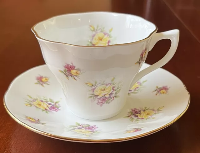 Rosina Queen's England Floral Fine Bone China Teacup Saucer Yellow Violet Flower