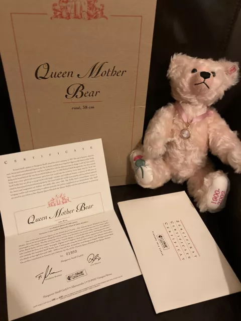 BNIB Steiff Ltd Ed Queen Mother rose mohair Teddy Bear Wedgewood Certificate ..