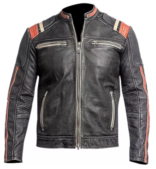Giacca Uomo Vintage Biker Retro 3 Moto Cafe Racer Effetto Invecchiato Vera Pelle