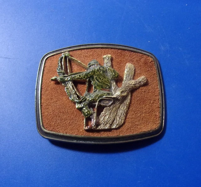 Raintree 1970's vintage Bow Hunter Archery Brass Belt Buckle Tree Stand Leather