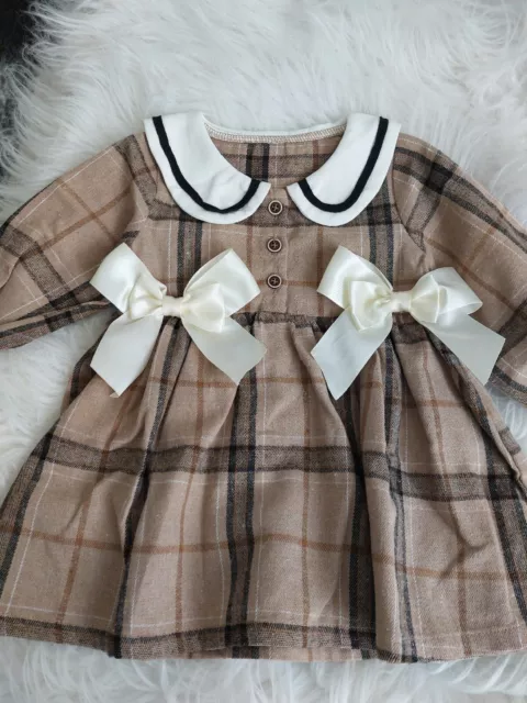 Spanish Baby Girls Beige Plaid Collared Bow Dress Bnwt Romany Spanish 6-9 Mths