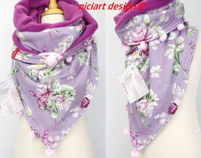 niciart design ♥DAMENSCHAL BW JERSEY & POLARFLEECE♥DREIECKSSCHAL ♥flieder BLUMEN