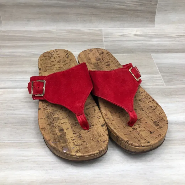 Vionic Size 9 EU 41 Red Suede Marbella Slip-On Buckle Cork Wedge Thong Sandals