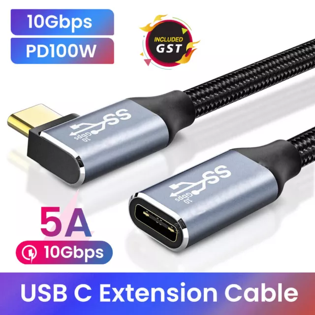 100W 10Gbps Right Angled USB-C Type-C Male to Female Extension Data Cable Cord