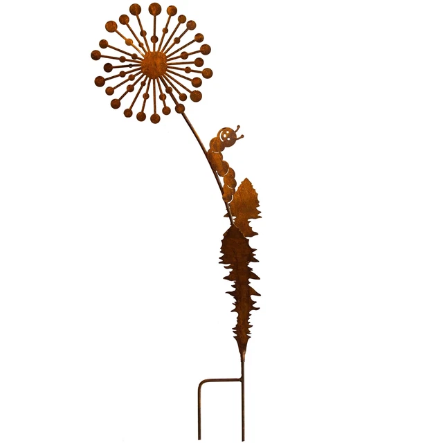 GARTENSTECKER PUSTEBLUME MIT lustiger Raupe aus Edelrost Metall Rost