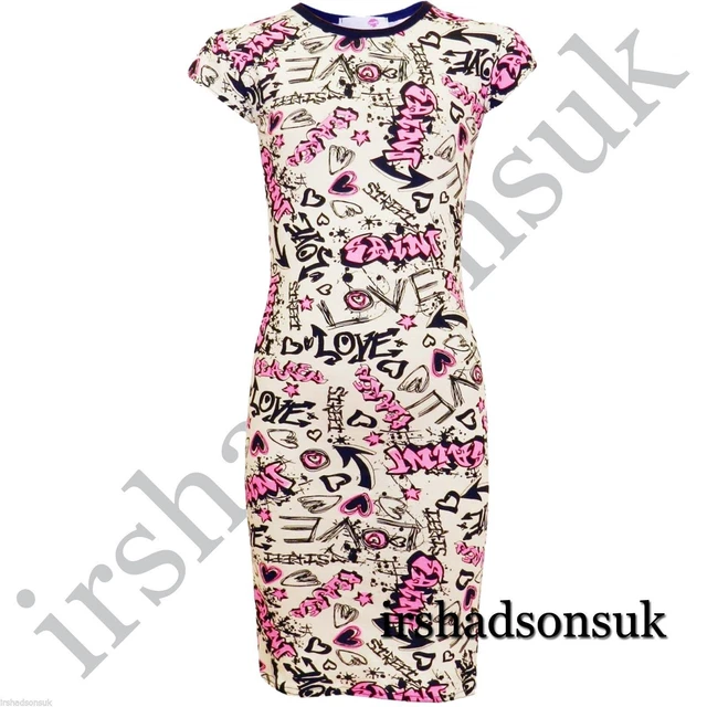 Bambine Graffiti Scarabocchio Rosa Fumetto Midi Vestito Aderente 7 8 9 10 11 12
