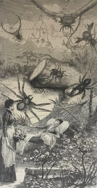 ORIGINAL SURREAL COLLAGE ART antique Victorian garden hammock insects spider