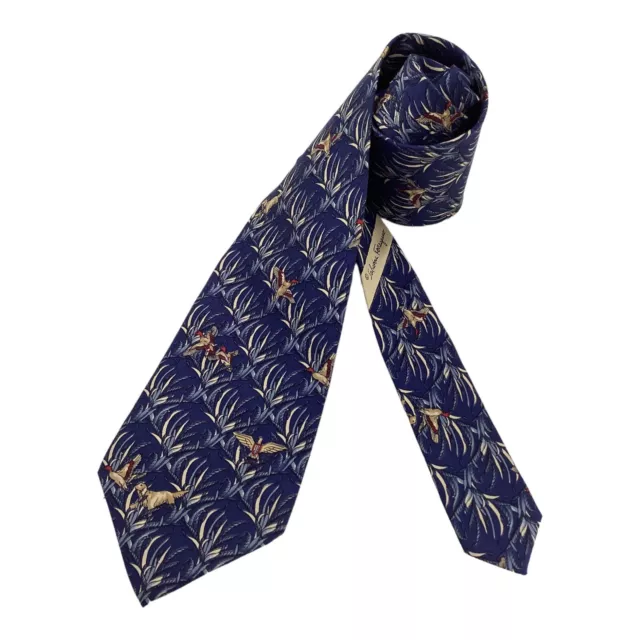 Salvatore Ferragamo Blue Hunting Print Luxury Silk Tie Italy W:3.5" EX COND