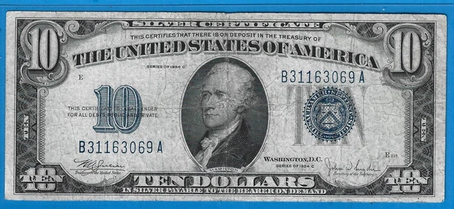 1934 C $10 Silver Certificate,Blue Seal,Circ VF,Nice!