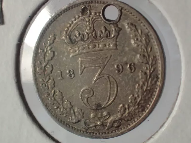 Britian 3 Pence 1896 with hole  **STERLING SILVER**