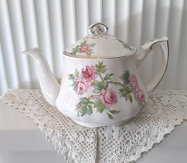 Vintage Alfred Meakin  Astoria Shaped Teapot Cream Pink Roses 1930s 20 X 14cm