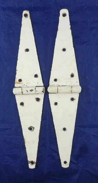 Pair 16” Antique Iron Barn Door Strap Hinges With White Original Paint - 1800s