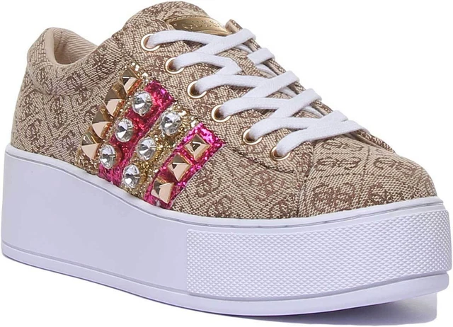 Guess Neomi2 Femmes Dentelle Plateforme Baskets Avec Clous en Beige Taille UK 3