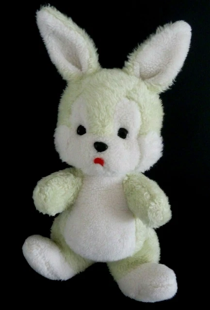 P4. DOUDOU PELUCHE NOUNOURS LAPIN VERT BLANC LANGUE ROUGE 27cm + oreilles - TBE