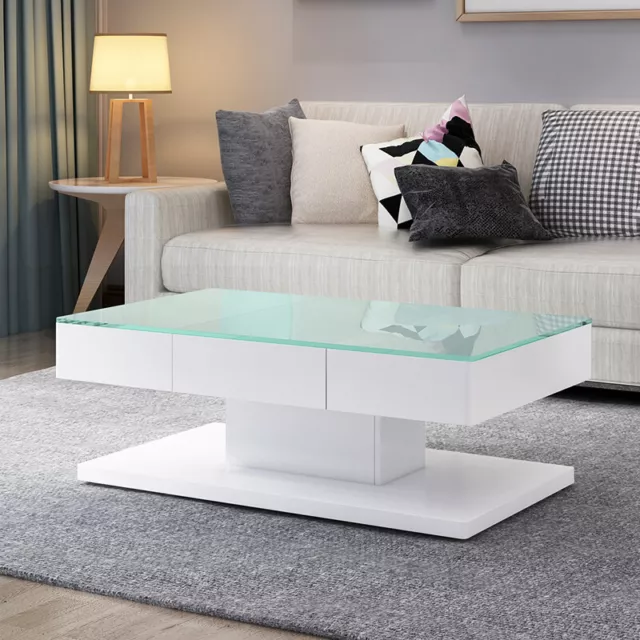 White High Gloss Coffee Table Tempered Glass Top with 2 Drawers Living Room