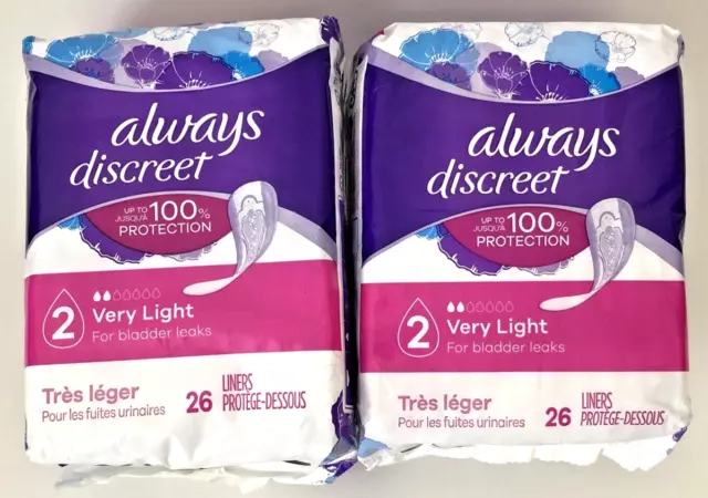 Always Discreet Incontinence Liners #2 Very Light 26 Count Package Lot of 2 New