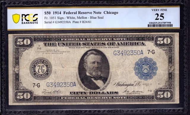 1914 $50 Federal Reserve Note Chicago Fr.1051 White Mellon Pcgs B Very Fine 25 1914 $50 Federal Reserve Note Chicago Fr.1051 White Mellon Pcgs B Very Fine 25