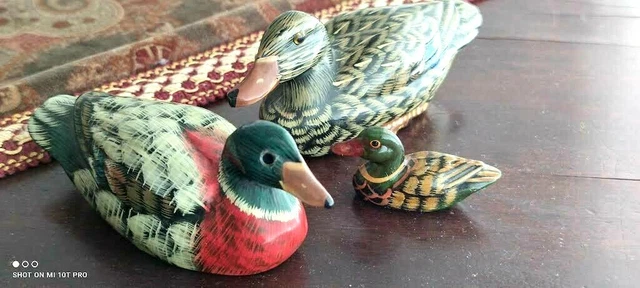 Famiglia di tre anatre lotto papere vintage legno lacca dipinte a mano