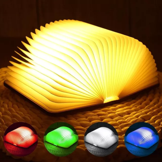 Lampada Libro Led Pieghevole in Legno 5 Colori RGB Wooden Book Lamp USB Ricarica