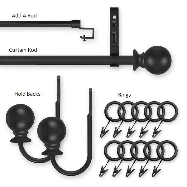 Pinnacle Adjustable Unique Large Black Ball Curtain Rod 98-144"