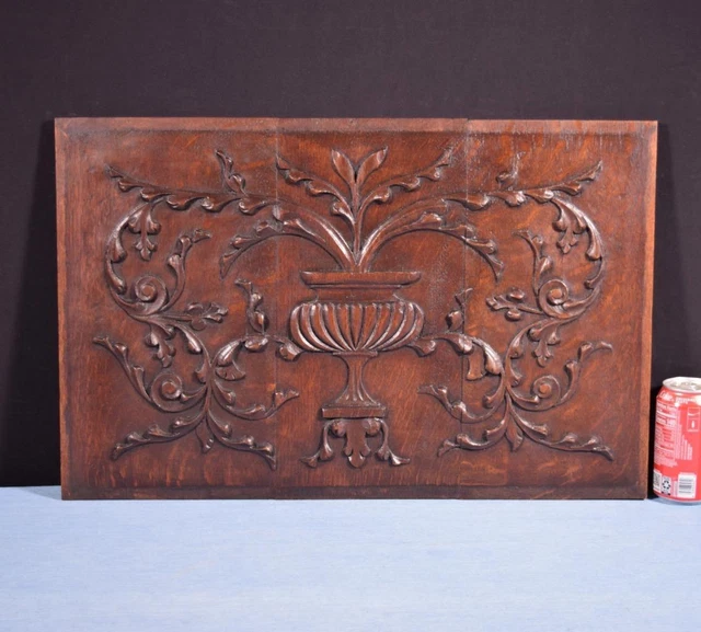 *French Antique Deeply Carved Solid Oak Wood Panel with Carvings and Vase