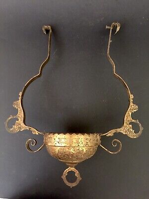 Ornate Old Victorian Antique Brass Hanging Oil Lamp Frame & Font Holder Cup