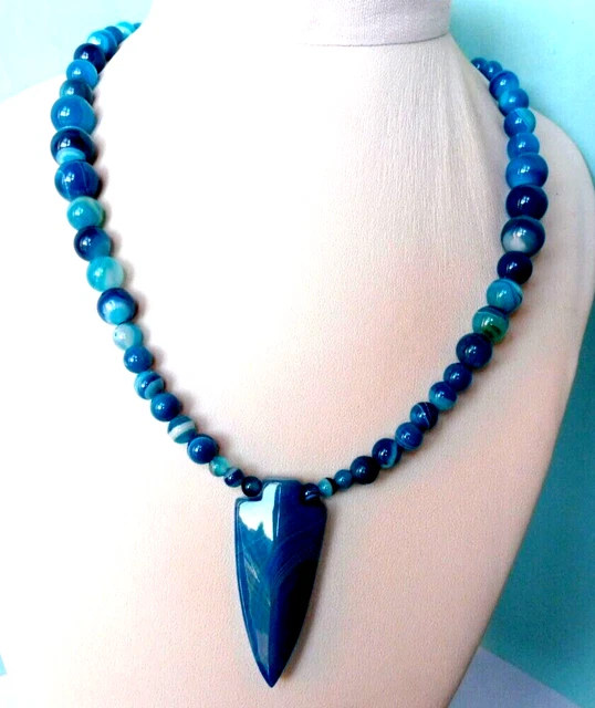 Collier En Agates Bleu Et Noir Sur Argent 925 - Longueur 45cm - Pendentif Rectangulaire - Fait Main France - Neuf Avec étiquettes