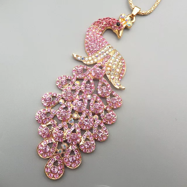 AB Pink Crystal Rhinestone Big Peacock Pendant Betsey Johnson Long Necklace