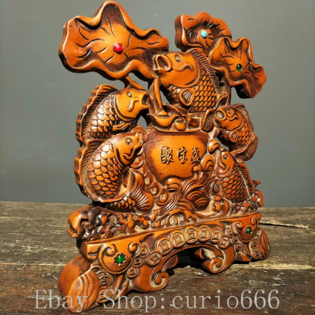 11& OLD BOXWOOD Wood inlay Gem Carved Fish lotus leaf hollow out Screen ...
