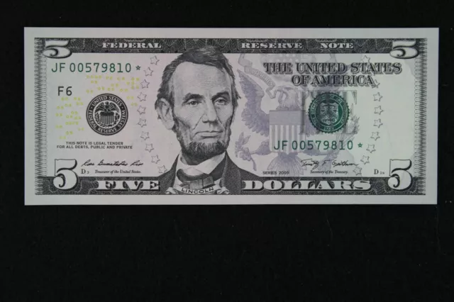 LOW PRINT $5 2009 GEM CU Star Federal Reserve Note JF00579810* five $ Single Run 2