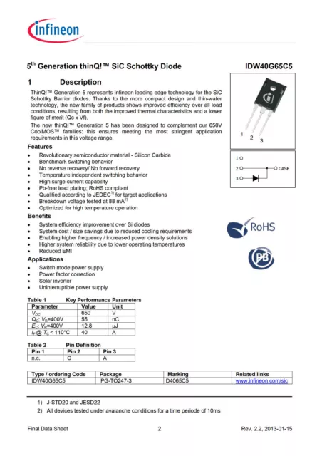 Infineon SiC Schottky Diode 40A 650V Silicon Carbide IDW40G65C5 D4065C5 855642 2