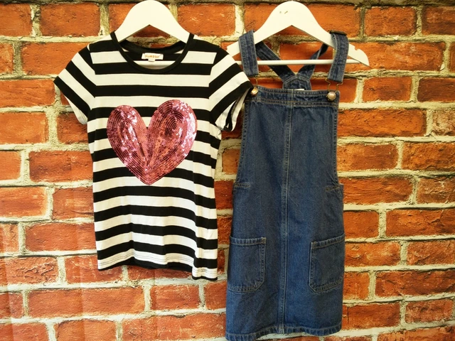 Girls Bundle Aged 7-8 Year Next Bluezoo Dungaree Dress T-Shirt Hearts 128Cm